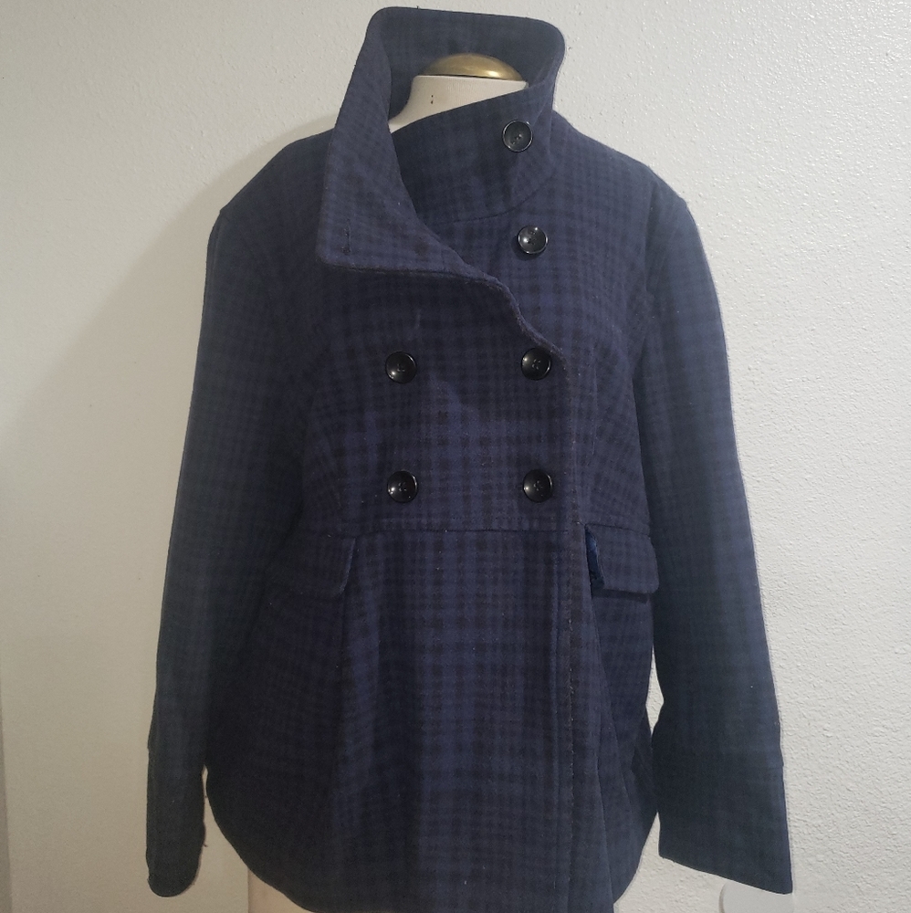 Old Navy, Navy Blue Plaid Pea Coat